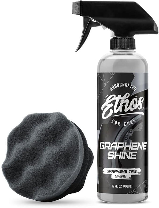 Ethos Graphene Tire Shine Spray & Tire Shine Applicator Pad – High Gloss, Non-Greasy, No Sling Finish with UV Protection for Tires, Trim & Rubber