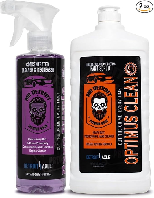 Mr. Detroit - Heavy Duty Degreaser and Hand Cleaner Scrub, 16oz Deep Purple Degreaser Sprayer for Engines & Tires, 24oz Hand Soap Squeeze Bottle for Mechanics, Break Down Grease, Oil & Grime