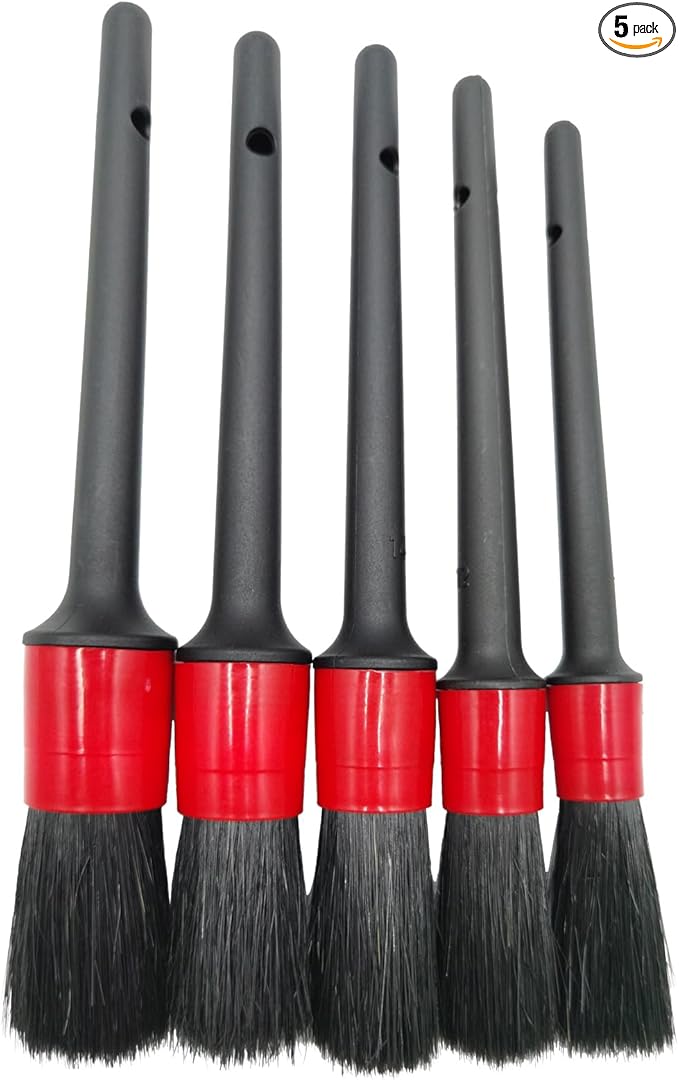 Car Detailing Brush Set of 5 - Soft Boar Hair, Car Wash Brush, Wheel Cleaner Brush, Car Dust Brush, Car Interior Leather Seat and Vent Brush, Car Detailing Kit