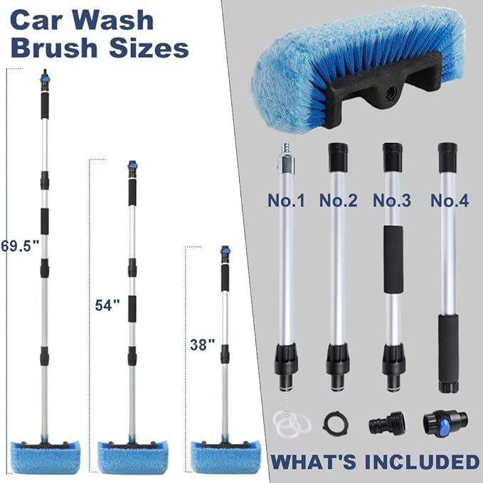 70" Car Wash Brush with Long Handle and 12" Soft Bristle Brush Head, Water Flow-Thru Car Cleaning Brush with Hose Attachment for Cleaning Car, RV, Truck, Boat, Camper, House Siding and More
