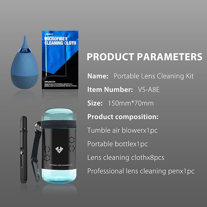 VSGO 11-in-1 Mirrorless Camera Cleaning Kit for Canon,Nikon,Sony,Samsung,Fuji DSLR Cameras, Air Blower Lens Cleaning Pen Microfiber Cloth and Portable Bottle Included (VS-A8E)