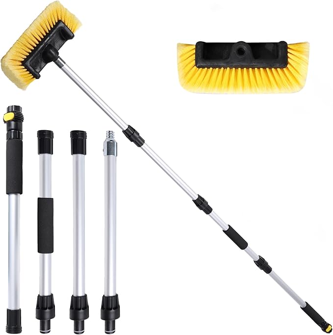 70" RV Wash Brush with Long Handle and 12" Soft Bristle Brush Head, Water Flow-Thru Truck Washing Brush with Hose Attachment for Cleaning Car, SUV, Boat, Camper, House Siding and Solar Panels