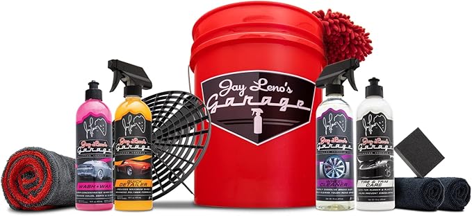 Jay Leno's Garage Car Wash Kit with Bucket – Auto Detailing Kit for Interior and Exterior, Car Cleaning Supplies Set with Wash Mitt, Tire Shine, Wheel Cleaner, Car Wax, Microfiber Towels, Car Wash Kit