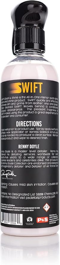 P & S Professional Detail Products Swift Clean & Shine - Interior Cleaner & Protectant for Leather, Vinyl, Plastic - Cleans, Conditions & Leaves a Satin Finish - Fresh Scent - 16 oz Spray