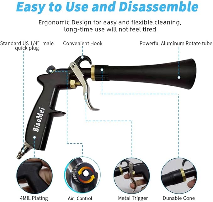 High Pressure Car Interior Cleaning Gun Automobile Detailing Washing Gun with Brush-Works with Air Compressor(Aluminium Rotate Tube),Z-014 with Air Regulator Control