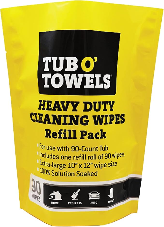 Tub O' Towels Heavy-Duty Cleaning Wipes Refill Pack, Fits 90-Count Canister, Extra-Large 10" x 12" Multi-Surface Wipes for Grease, Grime, and Tough Stains, Convenient Refill for Home, Auto, and More