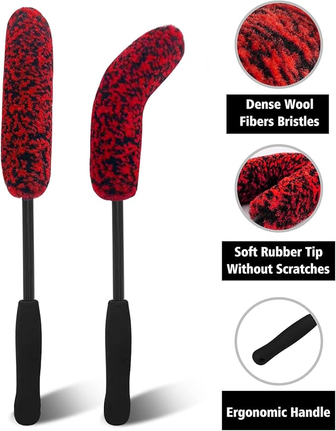 YeewayVeh 2PCS Car Wheel Brush, Long Handle Microfiber Rim Cleaner Brush and Bendable Wool Fiber Wheel Cleaning Brushes for Truck SUV Tire Rim Car Wheel Cleaning Kit, Red&Black