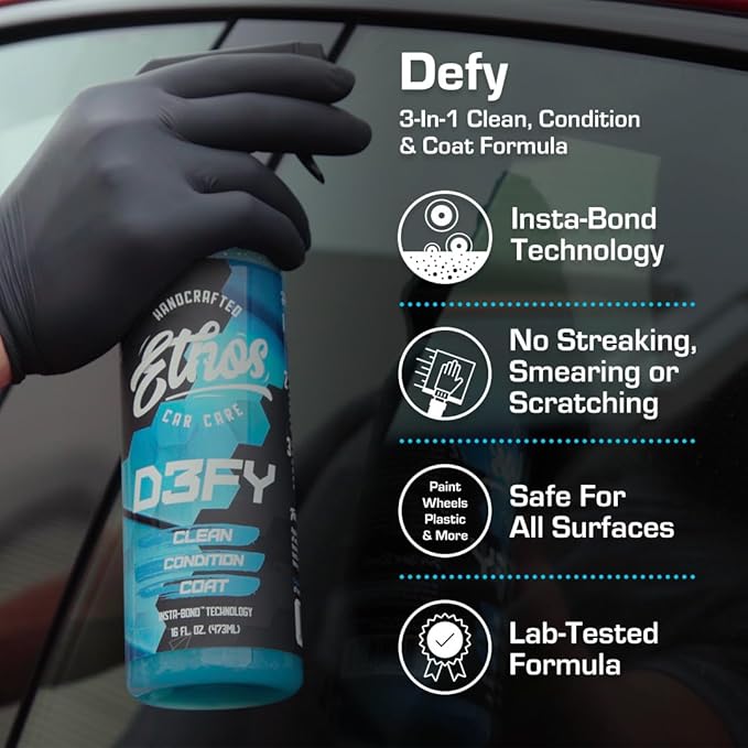 Ethos Defy - 3 in 1 Ceramic Coating - Waterless Car Wash Spray & Wax - Car Wax Spray Rnseless Wash - Hydrophobic Top Coat - Polish & Polymer Paint Sealant Protection - with Insta-Bond Technology
