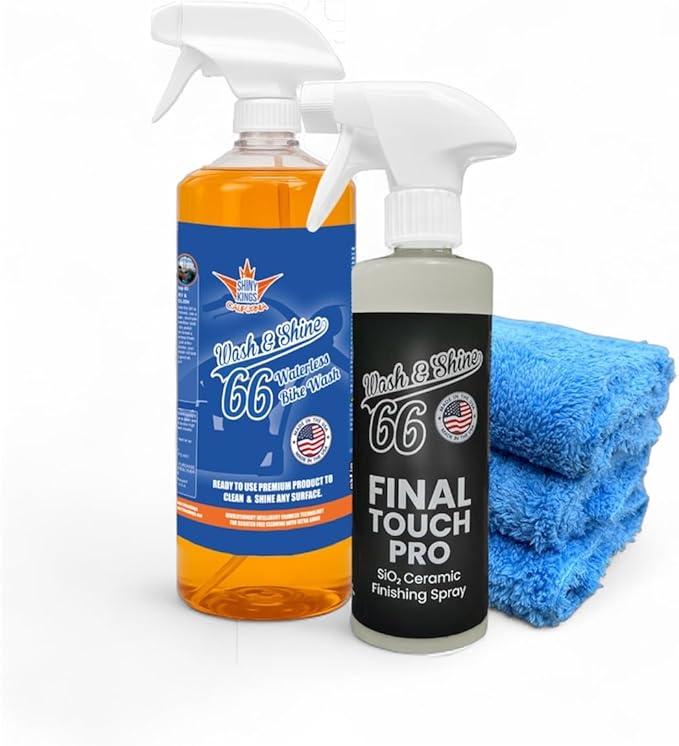 Shinykings Wash&Shine 66 Waterless Bike Wash and Ceramic Spray Clean Shine and Coat Combo 32 oz motorcycle cleaner + 16 oz Finaltouch Pro Ceramic Spray + 3 premium towels