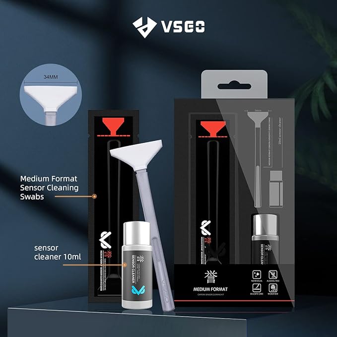 VSGO Mirrorless Camera Sensor Cleaning Kit for Meduim Format Cameras, 12pcs 34mm CMOS Swabs and 10ml Cleaner Inluded (VS-S04E)