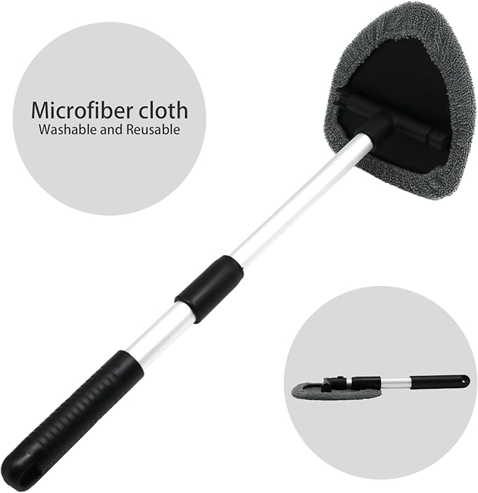 Windshield Cleaning Tool,180° Rotatable with 4 Reusable Microfiber Cloths Extendable Handle Auto Inside Glass Wiper Kit