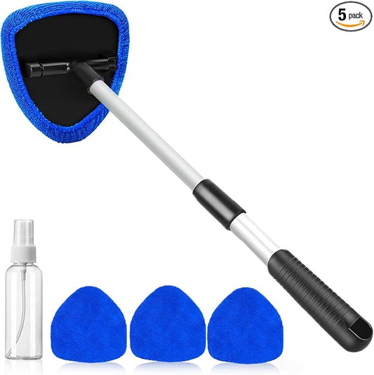 desin Windshield Cleaning Tool, Car Window Cleaner Windshield Cleaner with 4 Reusable and Washable Microfiber Pads and Extendable Handle Auto Inside Glass Wiper Kit (Dark Blue)