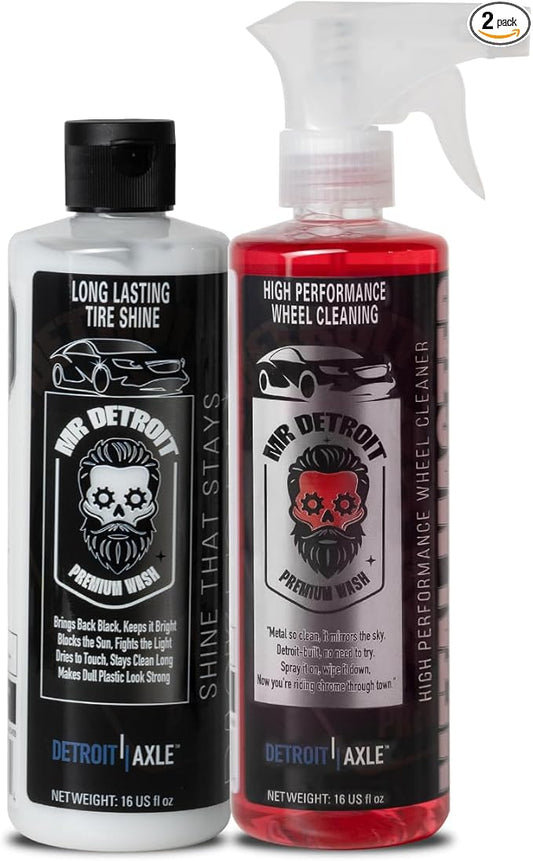 Mr. Detroit - 2pc Wheel Cleaner & Tire Shine Kit High Performance Wheel Cleaner, Long Lasting Tire Shine, Safe for Cars, Trucks, SUVs, Motorcycles, RVs & More, Professional Car Detailing