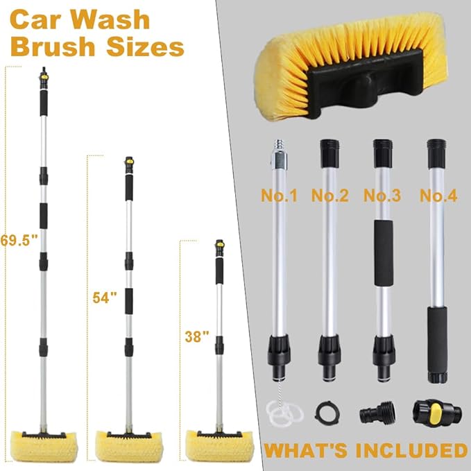 70" RV Wash Brush with Long Handle and 12" Soft Bristle Brush Head, Water Flow-Thru Truck Washing Brush with Hose Attachment for Cleaning Car, SUV, Boat, Camper, House Siding and Solar Panels