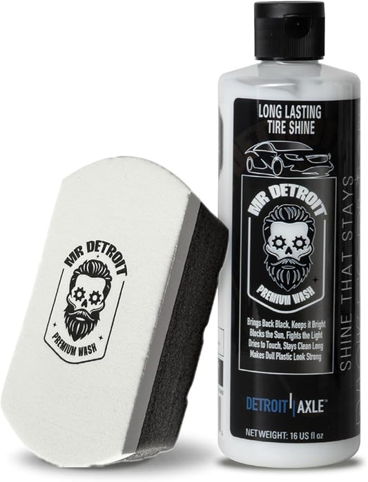 Mr. Detroit - 2pc Car Wash Kit with Long Lasting Tire Shine and Applicator Sponge Pad, 16oz Tire Cleaner Squeeze Bottle, Cleaning Sponge for Vehicle Detailing, Effective Dirt Removal