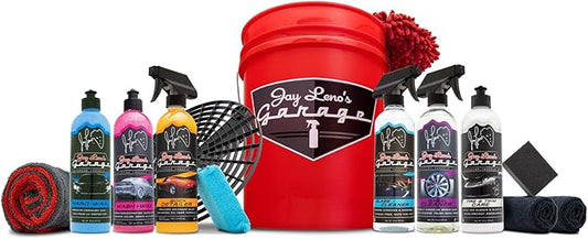 Jay Leno's Garage Car Detailing Kit with Bucket – Essential Car Cleaning Kit, Sprays, Liquids, Microfiber Towels, Applicators and Wash Mitt, All-in-One Car Detailing Kits for Interior & Exterior Care