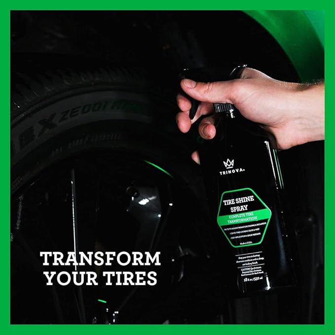 Trinova 33511 Tire Shine Spray No Wipe - Automotive Clear Coat Dressing for Wet & Slick Finish - Keeps Tires Black - with Rubber Protector - Prevents Fading & Yellowing - 18 OZ