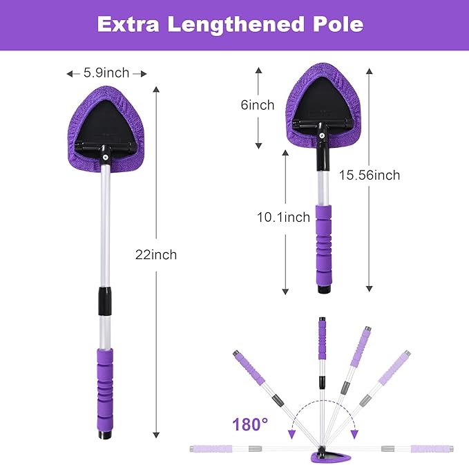 XINDELL Windshield Cleaner Tool – 24-inch Pink Car Interior&Exterior Window Cleaning Kit with Extendable Handle & 4 Microfiber Pads, Auto Wiper Brush for Car, Trucks, SUVs, RVs & Home -Gift for Women