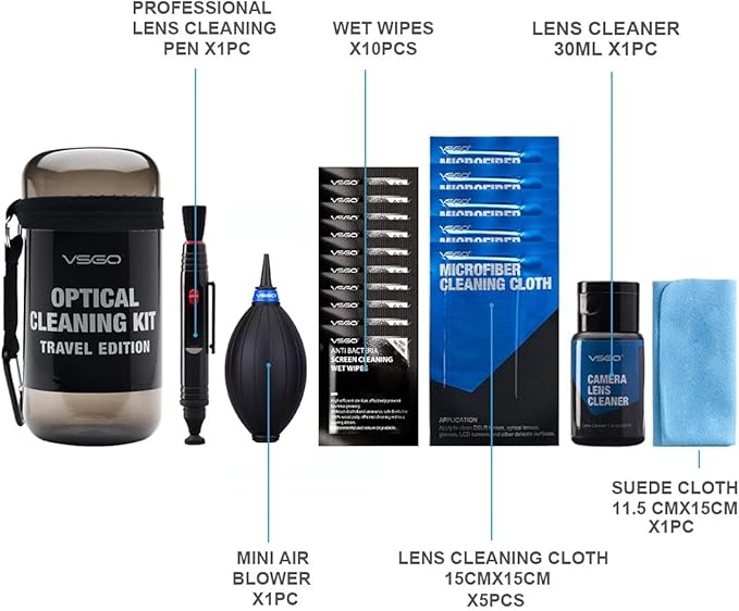 VSGO Professional Camera Lens Cleaning Kit for Canon, Nikon, Sony, Pentax DSLR Lenses - Includes Lens Pen, Air Blower, and Fluid (DKL-15D)