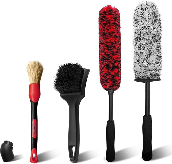 YeewayVeh 4Pack Car Wheel Cleaning Kit, Bendable Wheel Brush and Microfiber Rim Cleaner Brush, Tire Brush and Car Detailing Brush, Soft & No-Scratch Car Wheel Rim Brush Set for All Wheel Types, Red