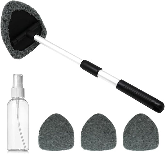 Windshield Cleaning Tool,180° Rotatable with 4 Reusable Microfiber Cloths Extendable Handle Auto Inside Glass Wiper Kit