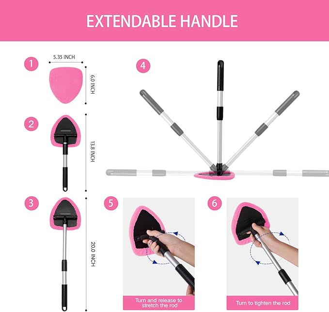 11pcs Windshield Cleaner Tool, Car Window Cleaning Wash Kit with 6 Reusable Microfiber Pads 2 Spray Bottles and Extendable Handles Auto Glass Wiper Kit, Pink