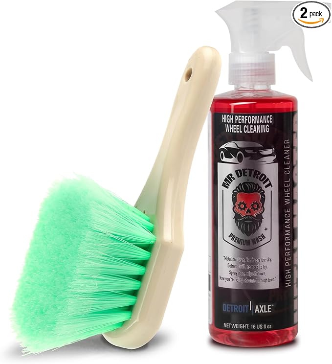 Mr. Detroit - 2pc Car Wash Kit Wheel Cleaner and Brush, 16 fl oz High Performance Wheel and Tire Cleaner Squeeze Bottle & Scratch-Free Cleaning Brush for Vehicle Detailing