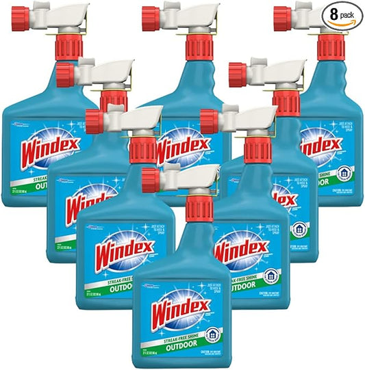 Windex Outdoor Window and Glass Cleaner for Hose Ammonia Free, Concentrated Formula for Deep Outdoor Clean, Patio Cleaner, Compatible With All Hoses, 32 Fl Oz (Pack of 8)