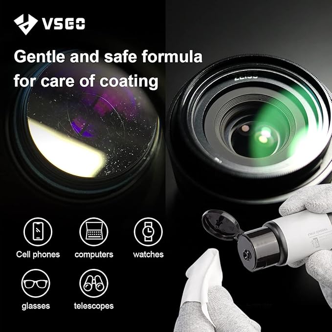 VSGO Camera Lens Cleaning Kit, Lens Cleaner Fluid, Dust-Free Cotton Swab and Dispensing Bottle Included, Compatible with Cameras, Lenses and Other Optical Products Clean(V-C01E)