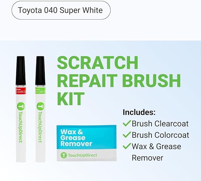 TouchUpDirect Auto Scratch Repair Brush Kit – Toyota 040 Super White Exact Match Auto Paint Kit with Car Color and Clearcoat, for Repainting and Car Paint Touch Up, Scratch Repair Kit