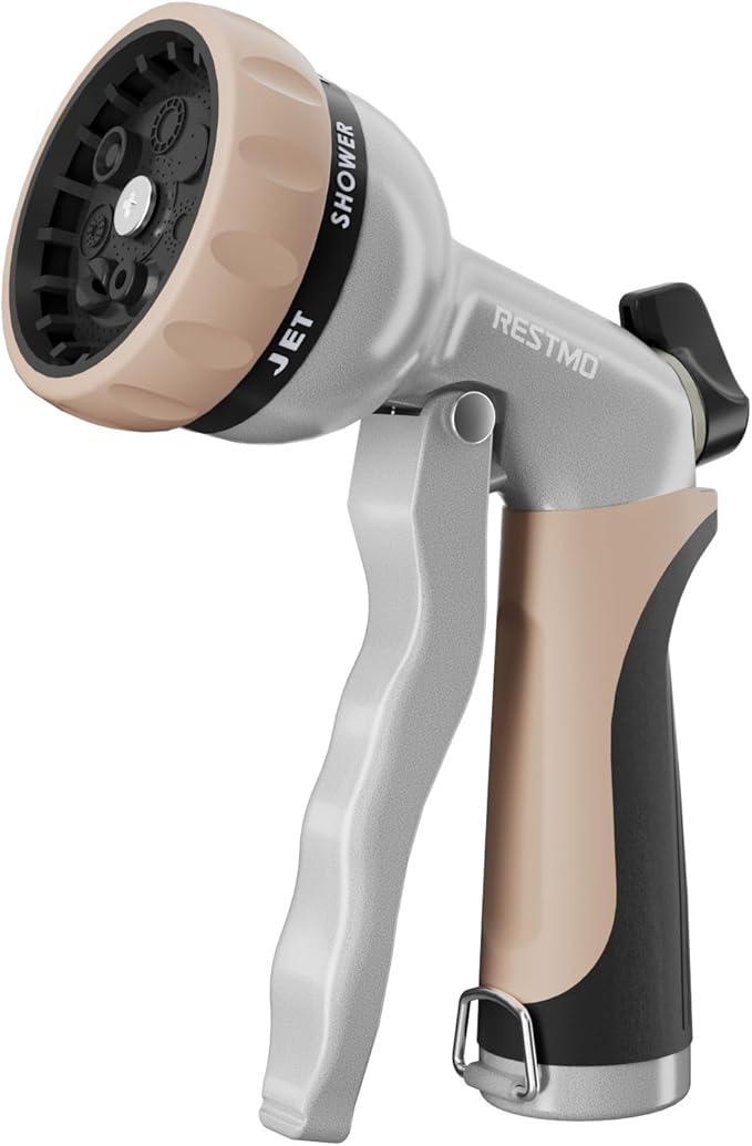 RESTMO Garden Hose Nozzle, Heavy Duty Metal Water Nozzle with 7 Adjustable Spray Patterns, High Pressure Hand Sprayer with Flow Control, for Watering Plants & Lawns, Washing Cars & Pets, Gold