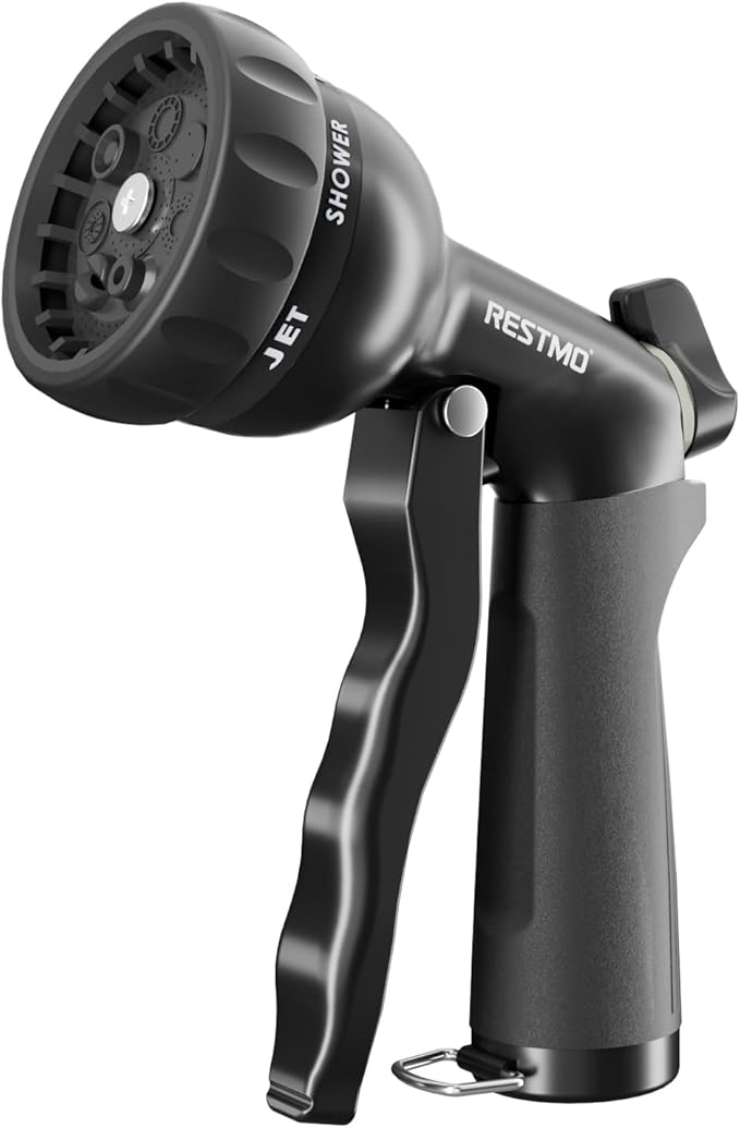 RESTMO Garden Hose Nozzle, Heavy Duty Metal Water Nozzle with 7 Adjustable Spray Patterns, High Pressure Hand Sprayer with Flow Control, for Watering Plants & Lawns, Washing Cars & Pets, Flash Black