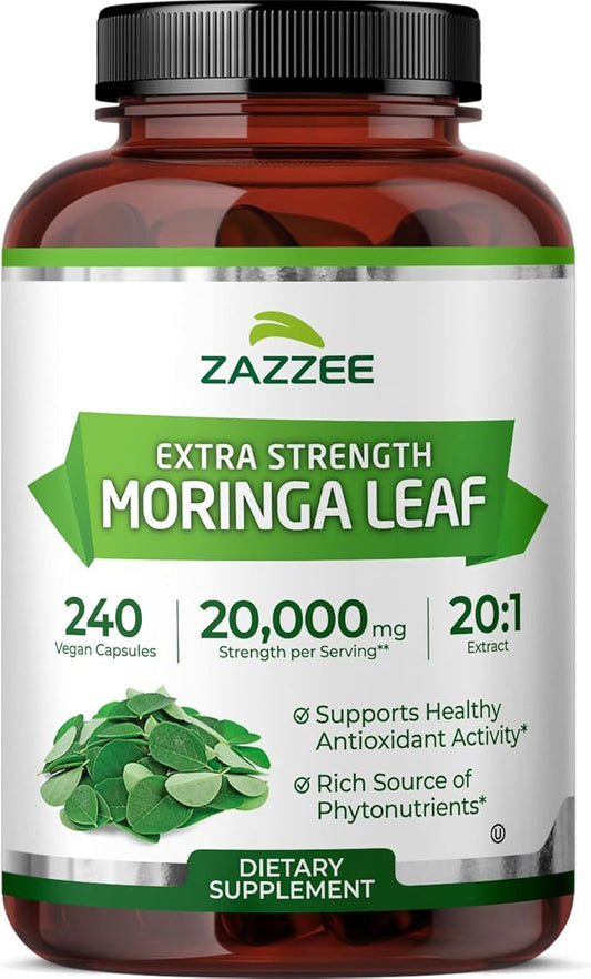 Zazzee Organic Moringa 20:1 Extract, 240 Vegan Capsules, 20,000 mg Strength, 100% Pure Oleifera Leaf Superfood, Concentrated and Standardized 20X Extract, All-Natural, Non-GMO, Made in The USA