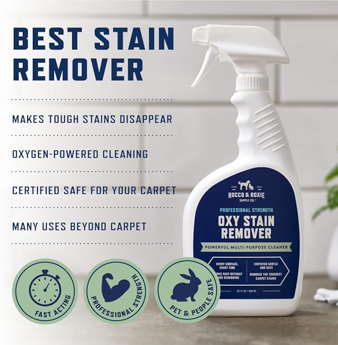 Rocco & Roxie Oxy Stain Remover - Oxygen Powered Carpet Cleaner Spray - Pet Stain Remover for Carpet, Spot Cleaner for Upholstery, Couch, Laundry, Rug, Clothes, Car Seat, Mattress, Sofa, and More