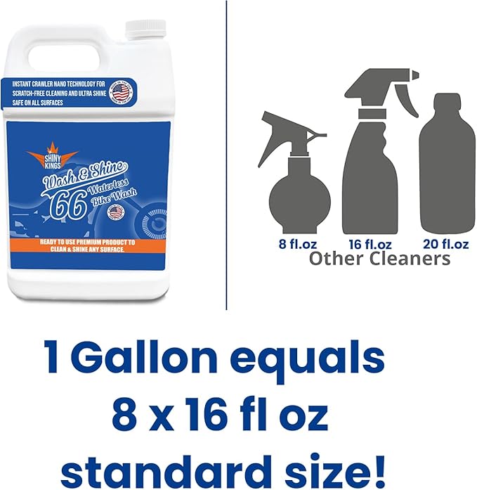 Shinykings Motorcycle Cleaner Wash&Shine 66 | WATERLESS BIke Wash with Ultra Shine Finish | Powerful Motorcycle Detailing Spray for All Surfaces | Bike Cleaner California | 1 Gallon