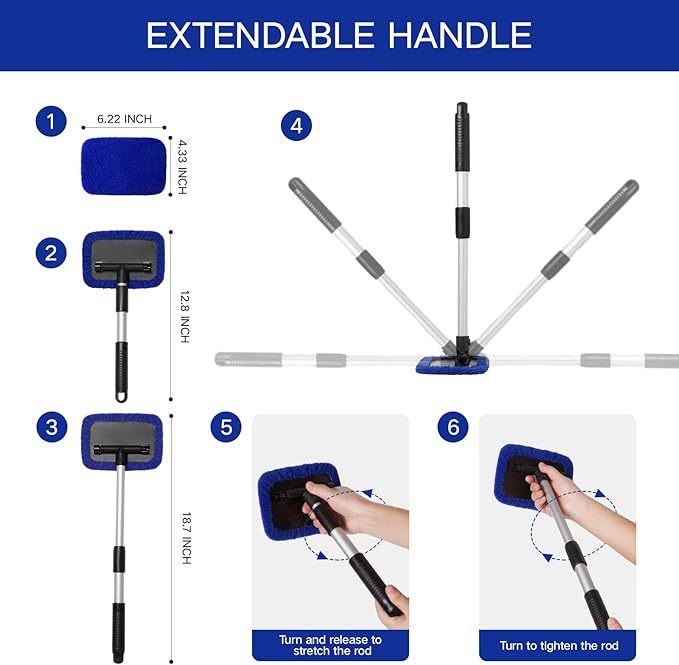 11pcs Windshield Cleaner Tool, Car Window Cleaning Wash Kit with 6 Reusable Microfiber Pads 2 Spray Bottles and Extendable Handles Auto Glass Wiper Kit, Blue