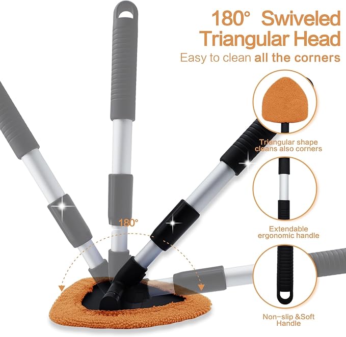 Windshield Cleaner Tool - Car Interior&Exterior Window Cleaning Kit with Extendable Handle & 4 Microfiber Pads and Thick Large Wash Sponge, Auto Glass Wiper Brush Kit for Cars Home (7pcs, Orange)