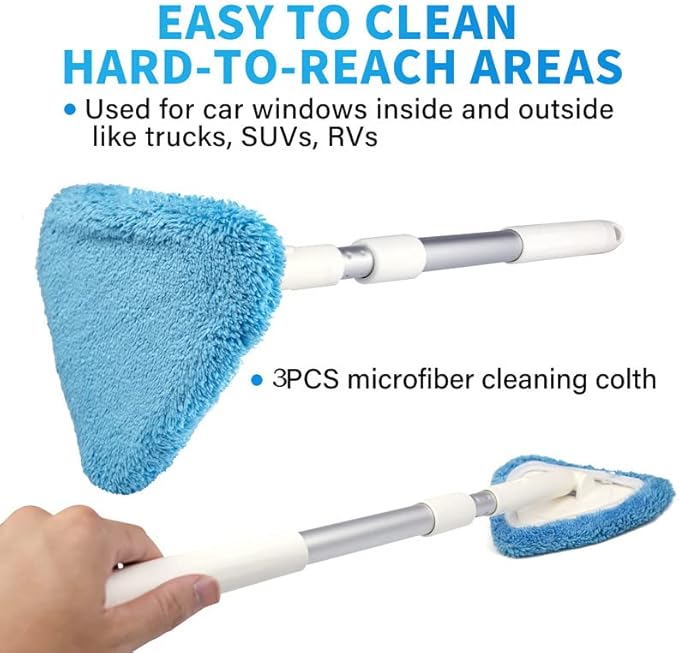 BITOPE Windshield Cleaning Tool, 26" Adjustable Handle, 3pcs Microfiber Pads, Ideal for Cleaning Inside Exterior SUVs, Trucks, RVs, Glass Mirror & More