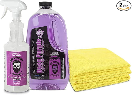 Mr. Detroit - 64oz Deep Purple Degreaser Container w/Dilution Bottle and Microfiber Towels (Pack of 3), Heavy-Duty All-Purpose Cleaner for Engines, Tires & More, Breaks Down Grease, Oil & Grime