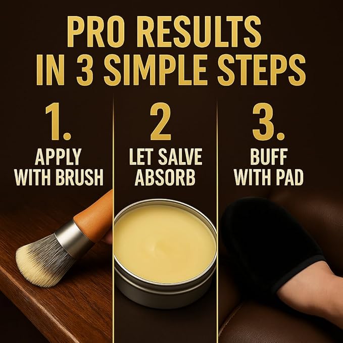 3-in-1 Furniture Salve for Leather & Wood – Polisher, Conditioner, & Restorer for Couches and Furniture- Leather Repair Salve with Brush & Buffing Pad- 5oz