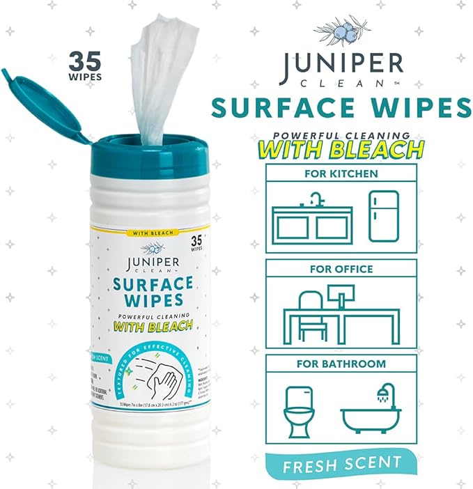 1 Pack Surface Cleaning Wipes with Bleach, All-Purpose Cleaner for Bathroom, Kitchen, Office, 35 Count Canister, 7.5" x 7" Sheet, Fresh Scent, Lint Free & Durable