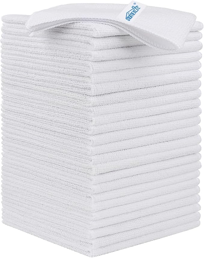 HOMEXCEL White Microfiber Cleaning Cloth, 24 Pack Cleaning Towels for Kitchen, Lint Free, Scratch-Free, Highly Absorbent, and Reusable Cleaning Rags for House, Window and Glass, Cars, 11.5 X11.5 inch