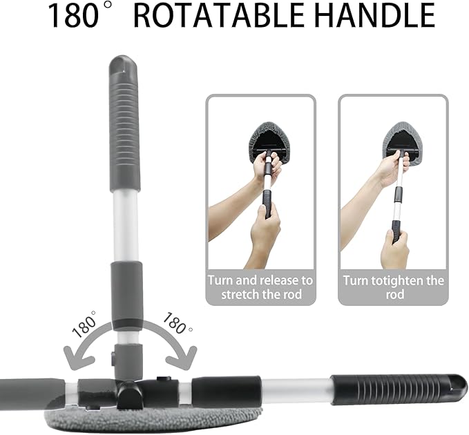 Windshield Cleaning Tool,180° Rotatable with 4 Reusable Microfiber Cloths Extendable Handle Auto Inside Glass Wiper Kit