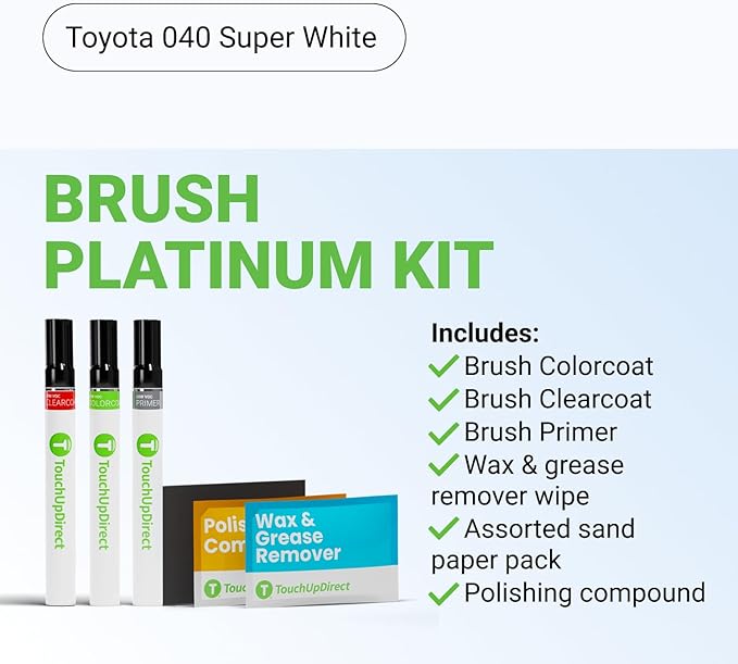 TouchUpDirect Car Paint Touch Up Brush Kit – Toyota 040 Super White Exact Match Auto Paint Kit with Primer, Car Color and Clearcoat, for Repainting and Scratch Repair, Platinum Kit