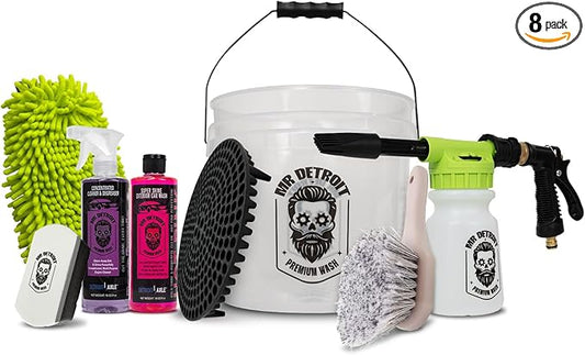 Mr. Detroit - 8pc Car Wash Kit with Foam Blaster, Bucket w/Filter, Double Noodle Wash Mitt, Wheel Body Brush, Applicator Sponge Pad, 16oz Car Soap, 16oz Degreaser for Auto Detailing & Home Use