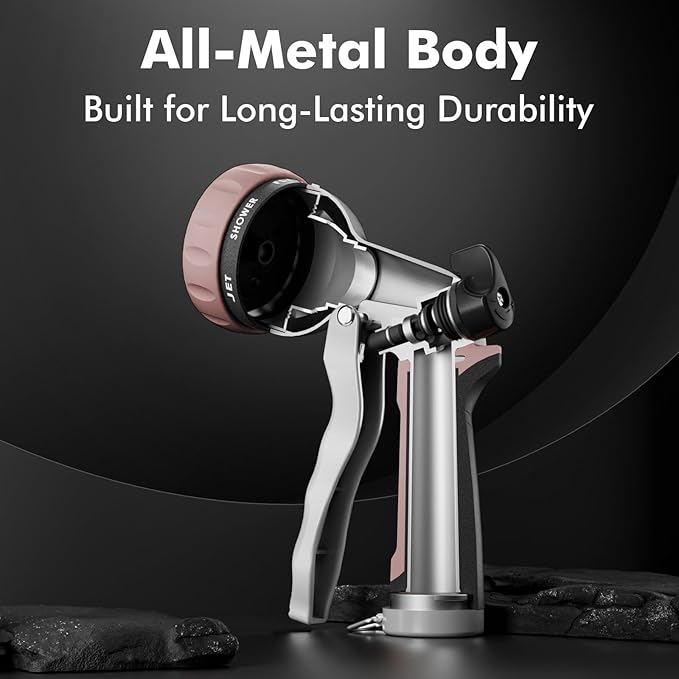 RESTMO Garden Hose Nozzle, Heavy Duty Metal Water Nozzle with 7 Adjustable Spray Patterns, High Pressure Hand Sprayer with Flow Control, for Watering Plants & Lawns, Washing Cars & Pets, Rose Gold