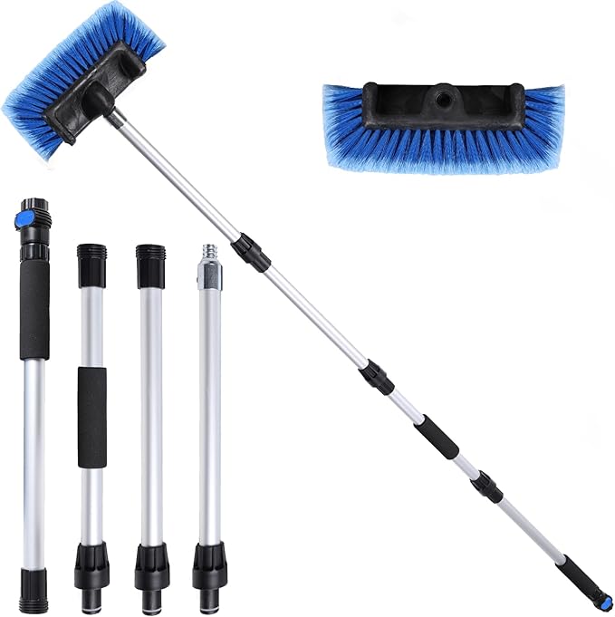 70" Car Wash Brush with Long Handle and 12" Soft Bristle Brush Head, Water Flow-Thru Car Cleaning Brush with Hose Attachment for Cleaning Car, RV, Truck, Boat, Camper, House Siding and More
