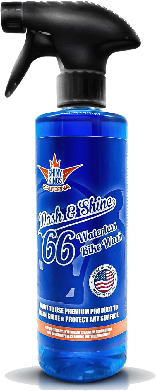 Motorcycle Cleaner Wash&Shine 66 | WATERLESS BIke Wash with Ultra Shine Finish | Powerful Motorcycle Detailing Spray for All Surfaces | Bike Cleaner by Shinykings California | 16.9 fl.oz