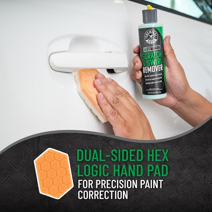 Chemical Guys Insynchro Scratch & Swirl Remover (8 oz) - Kit with Hex Logic Dual Sided Hand Polishing Pad and Monster Extreme Microfiber Towel for Paint Restoration and Gloss Enhancement