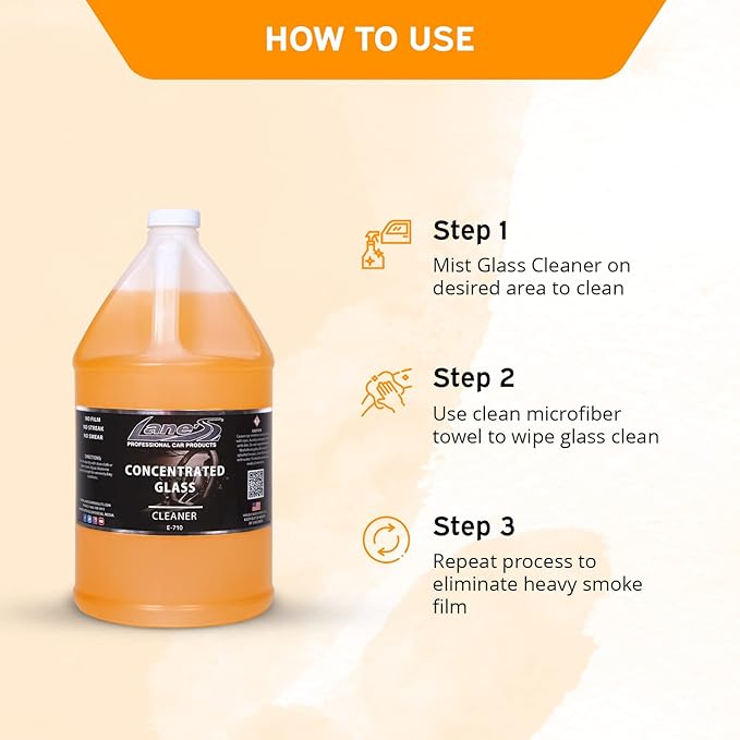 LANE'S Concentrated Auto Glass Cleaner | Tint-Safe Car Windshield, Window Cleaner | Removes Automotive Smoke Film, Fingerprints, & Smudges | Streak-Free, Safe for All Glasses | 128oz